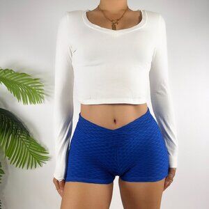 Blue Textured High Waisted Ruched Yoga Pilates Exercise Gym Shorts / Small